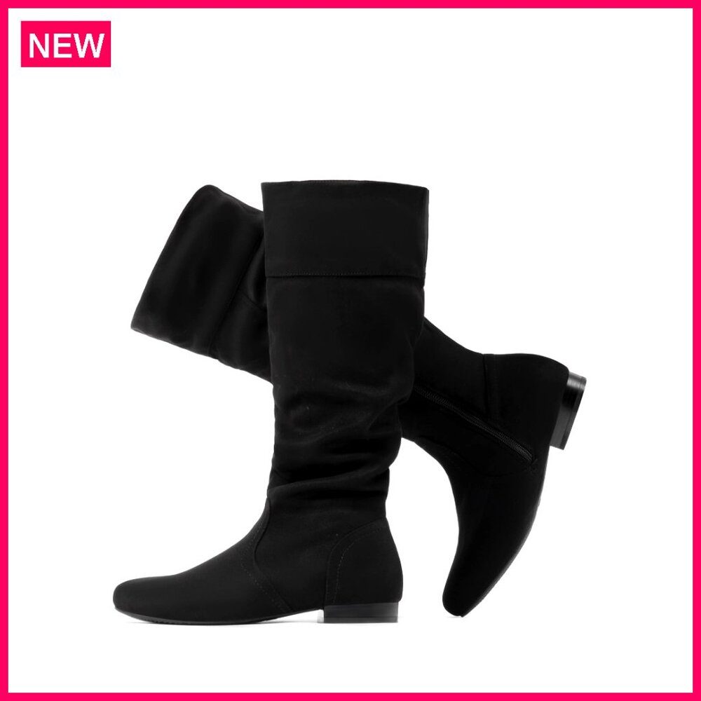 Wide Calf Knee High Boots With Faux Fur Lining, Side Zipper, Slouchy Design
